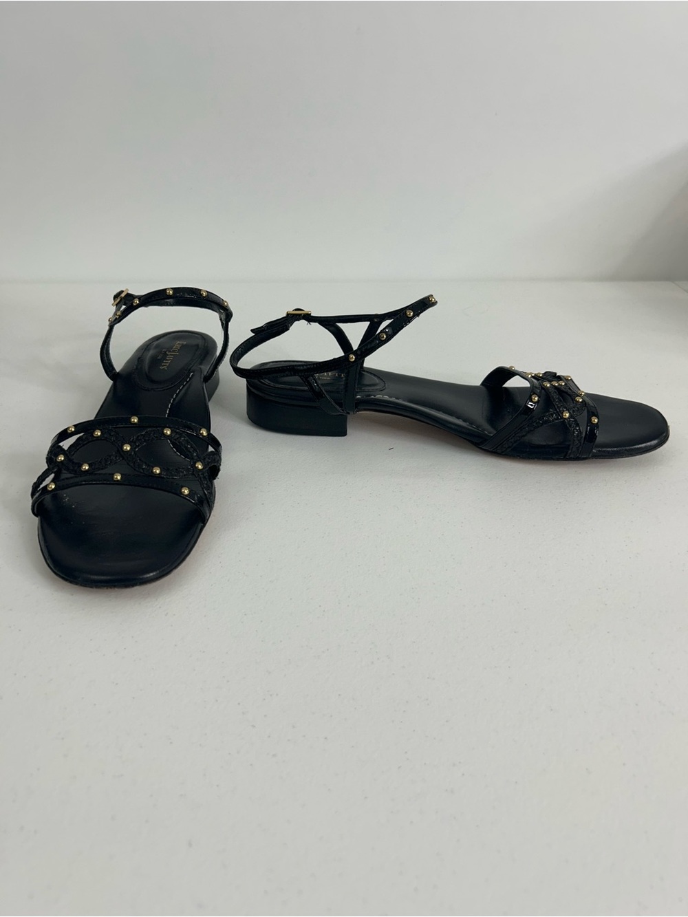 Eric Javits Black Strappy Sandals with Gold Studs Size 12